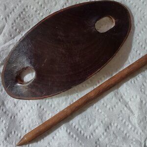 Vtg leather hair fastener with wood stick. EUC